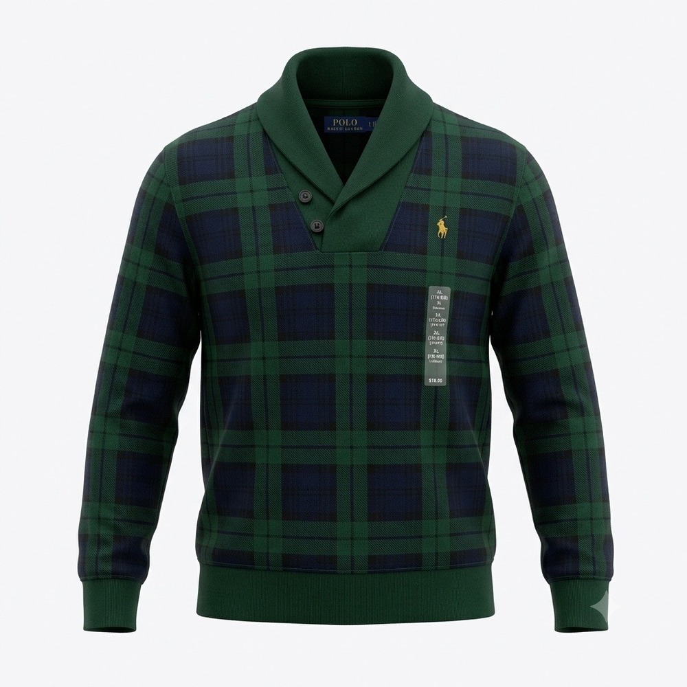 Polo Ralph Lauren Boys XL 18-20 Black Watch Plaid Shawl Collar Sweater Fleece NW